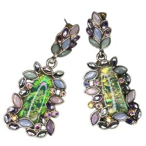 Iridescent Green Leaf-Accent Drop Earrings